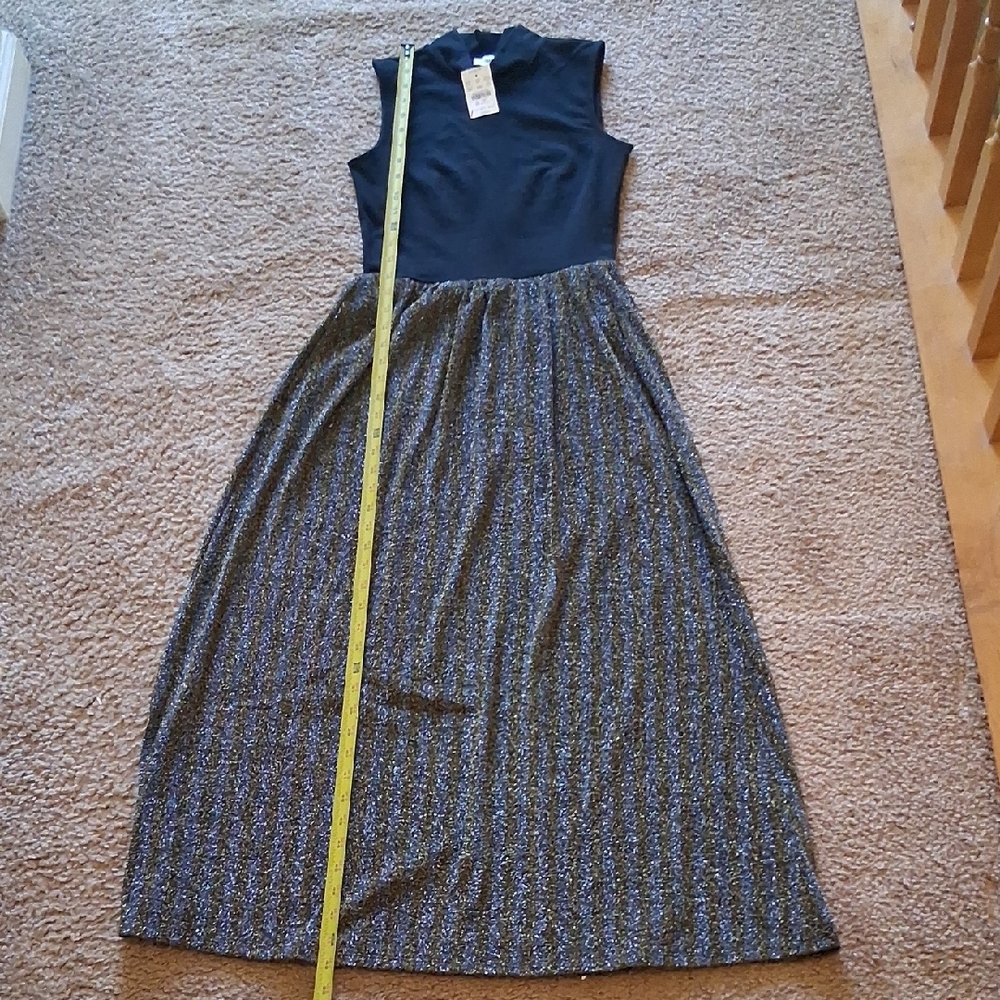 J. Crew Black Mock Neck Gold-Silver Metellic Bling Thread Maxi Dress - Picture 8 of 9